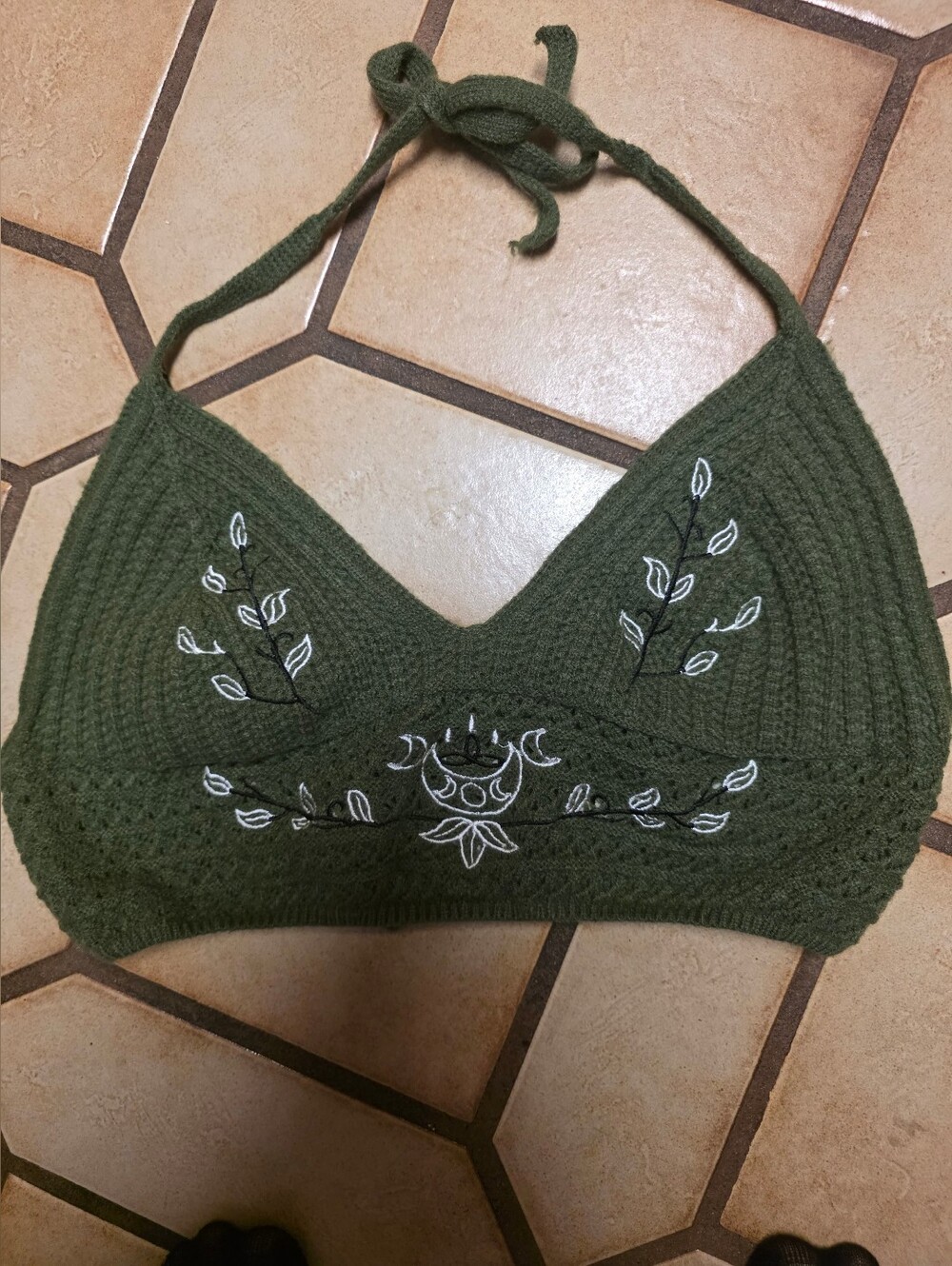 Olive Green Crochet Halter Bralette with White Embroidery XL